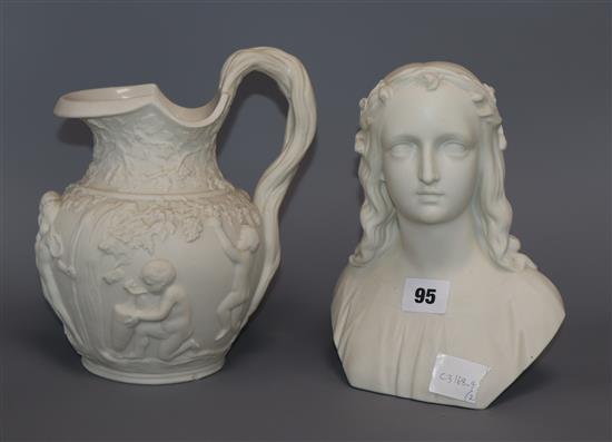 A 19th century parian bust and a similar jug jug to handle 22cm